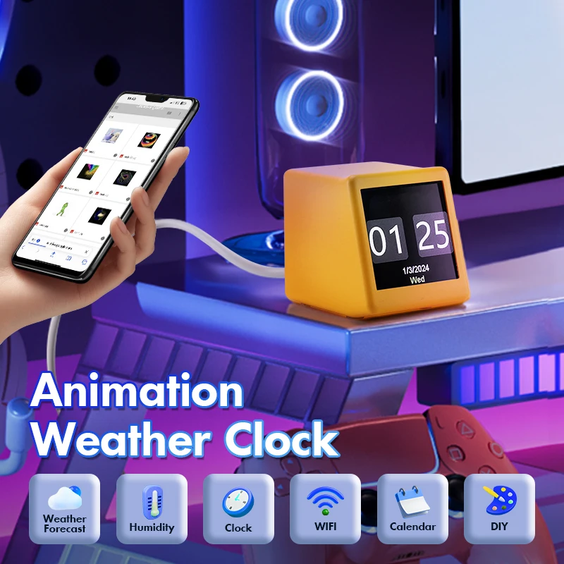 WIFI Multifunctional Intelligent Weather Clock DIY Image Animation Digital Clock For Office Desk Gaming Desk Computer Desk Decor