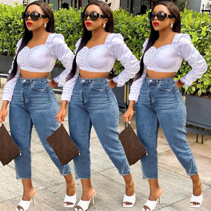 

WY00 Trendy Cusizable High Waist Denim Jeans for Women Blue Long Pants Faionable Personali Sle New Arrival