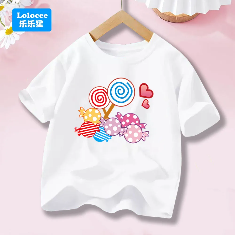 2026 New Girls' Casual Short Sleeved T-shirt Cute Lollipop & Candy Pattern Fashionable Printed Kids Summer T-shirt BBT1