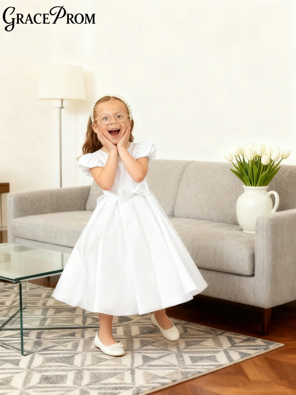Fast Delivery White Ring Girl Dress Girl Stage Show Dress Wedding Girl Princess Dress Elegant Short-Sleeved Floor-Length Party