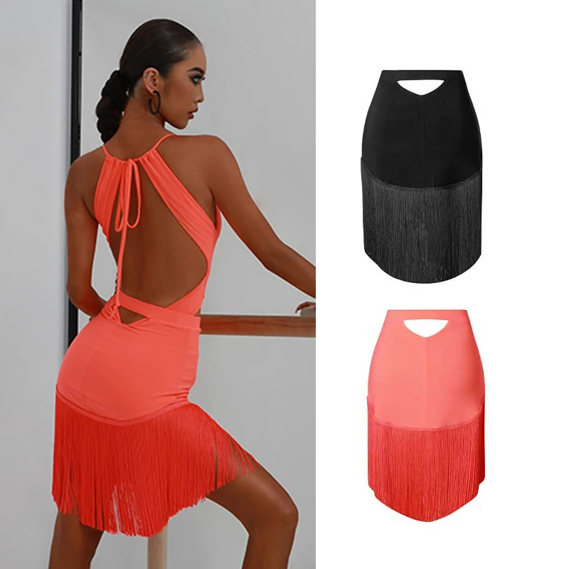 New Latin Dance Skirt Women Sexy Hollow Waist Slit Fringe Skirts Adult Latin Performance Costume Rumba Wear Salsa Skirt DNV16037