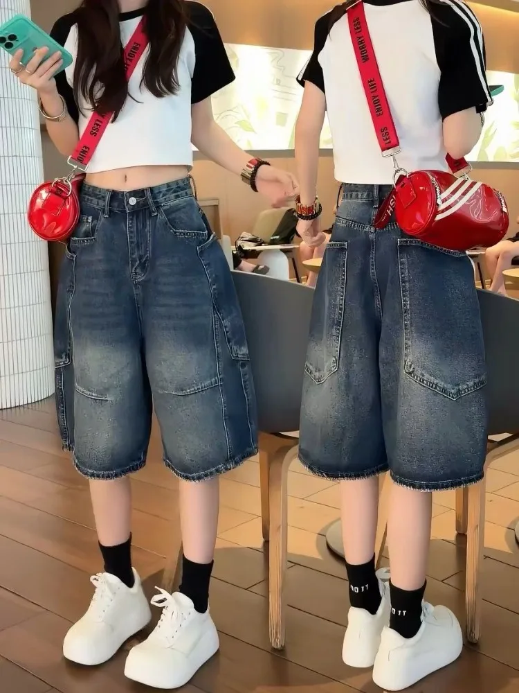 Summer Women's Big Pocket Wide-leg Denim Shorts 90s Girl Knee Length Pants Retro Streetwear Female High Waist Half Trousers