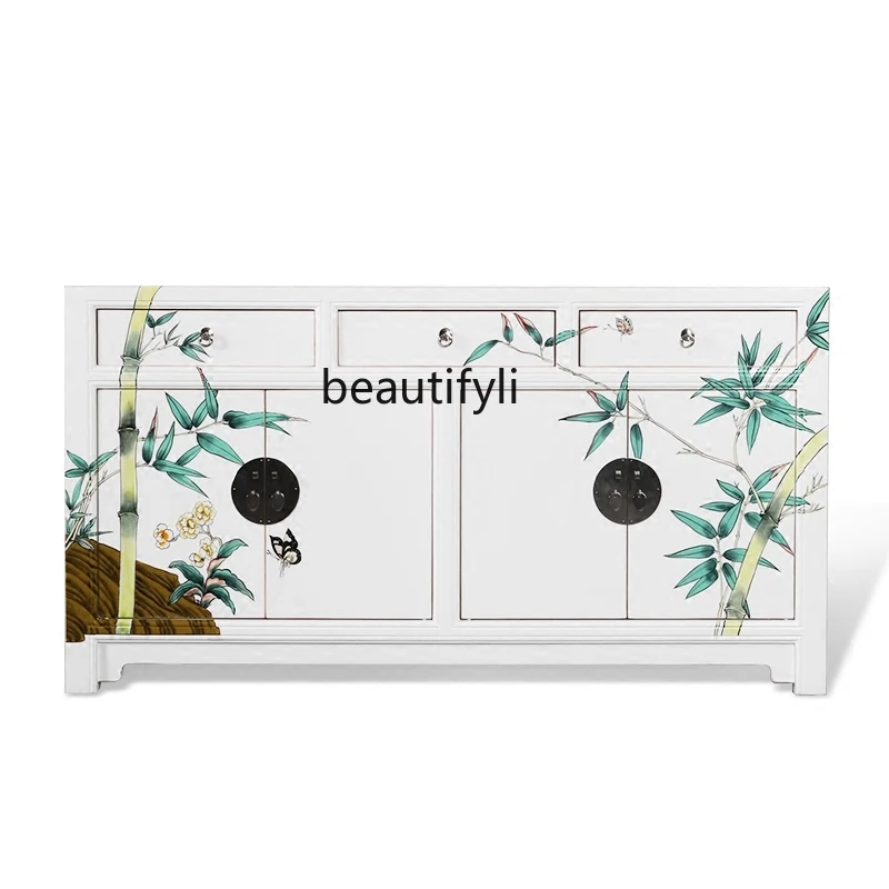 

New Chinese Style Furniture Simple Pastoral Style Hand-Painted 4-Door Sideboard Cabinet Solid Wood Porch Hallway Locker Shoe