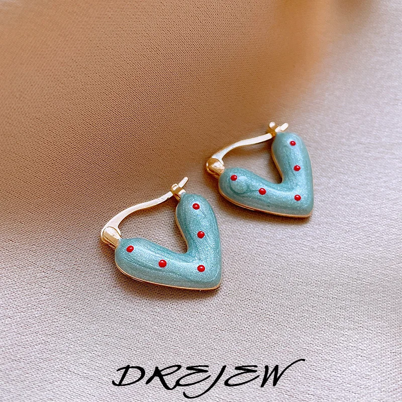 DREJEW Cute Polka Dot Heart Earringsfor Women 2025 Korean  Fashion Hoop Earring Drip Oil Sweet Simple Girls Accessories