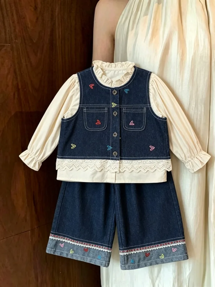 Fashionable Denim Wide Leg Pants Set for Girls Autumn New Arrival Baby Star Heart Vest Shirt Casual Three Piece Suit