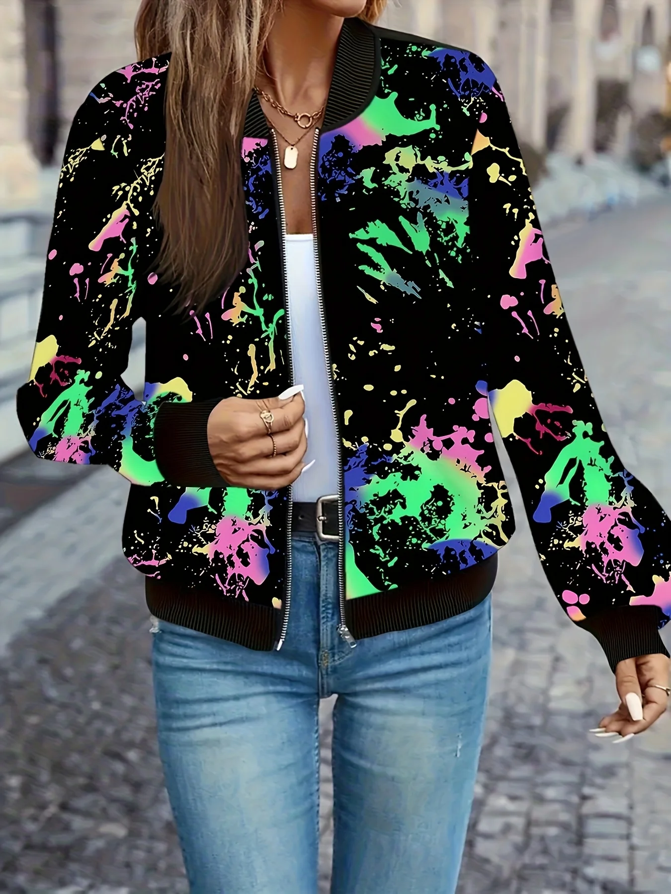 여성용 3D 프린트 재킷, 다채로운 패턴 디자인, 캐주얼 지퍼업 코트, 봄 가을 패션 아우터웨어