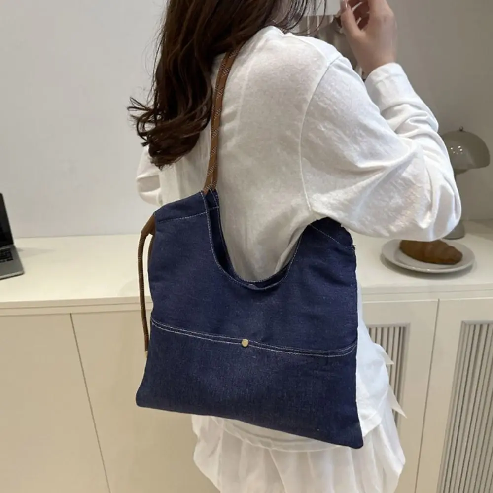 حقيبة كتف الدنيم حقيبة قماش قنب حقيبة كروسبودي سعة كبيرة حقيبة يد خمر حقيبة تسوق بلون بسيط حمل حقيبة السفر #5