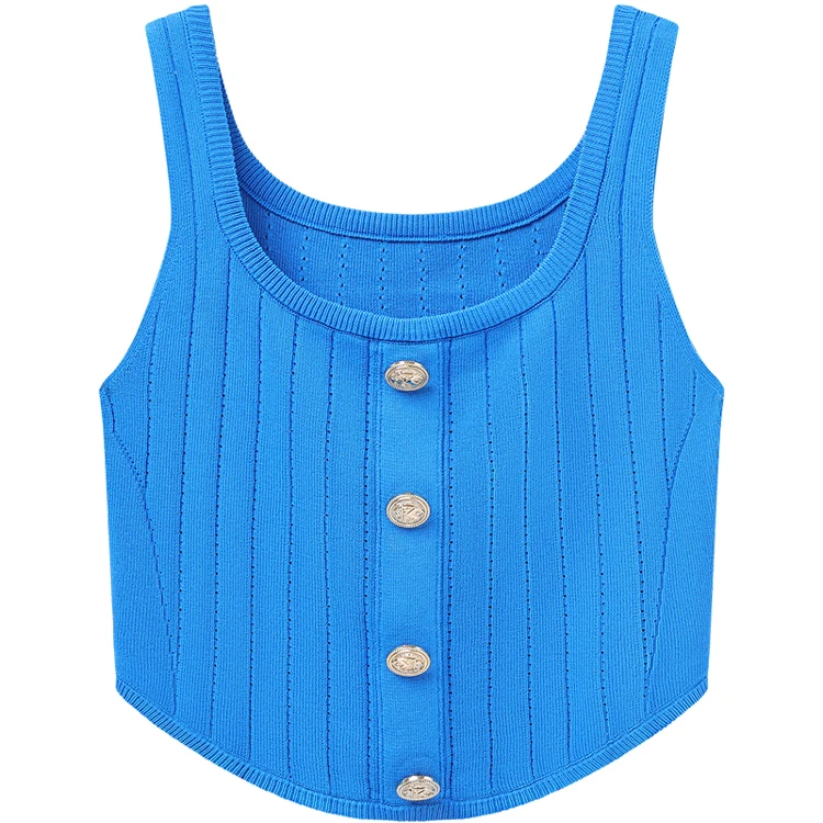 SALIENCY Metal Buckle Knit Sleeveless Camisole Female U-neck Sexy Slim Elastic Top