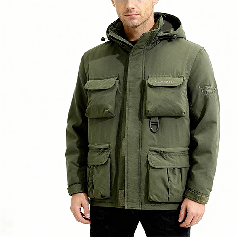 سترة دافئة مبطنة بالصوف للرجال في الهواء الطلق مع جيوب متعددة، وأكمام وغطاء للرأس قابلة للفصل، ونايلون، ونمط عتيق، وإغلاق بسحاب #1