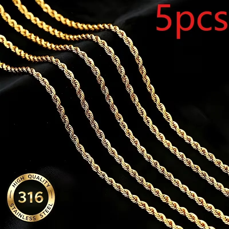 Classic 5pcs Gold Color Rope Chain Necklaces for Women Men Basic Twisted Collar Waterproof 316L Stainless Steel 2/3mm Wholesale