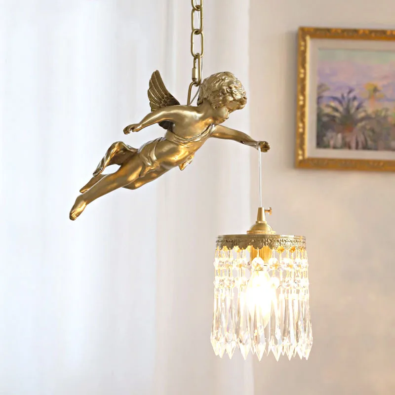 Retro French Palace Style Copper Angel Small Chandelier Crystal Pendant Lighting Corridor Porch Balcony Bedside Hanging Lamp