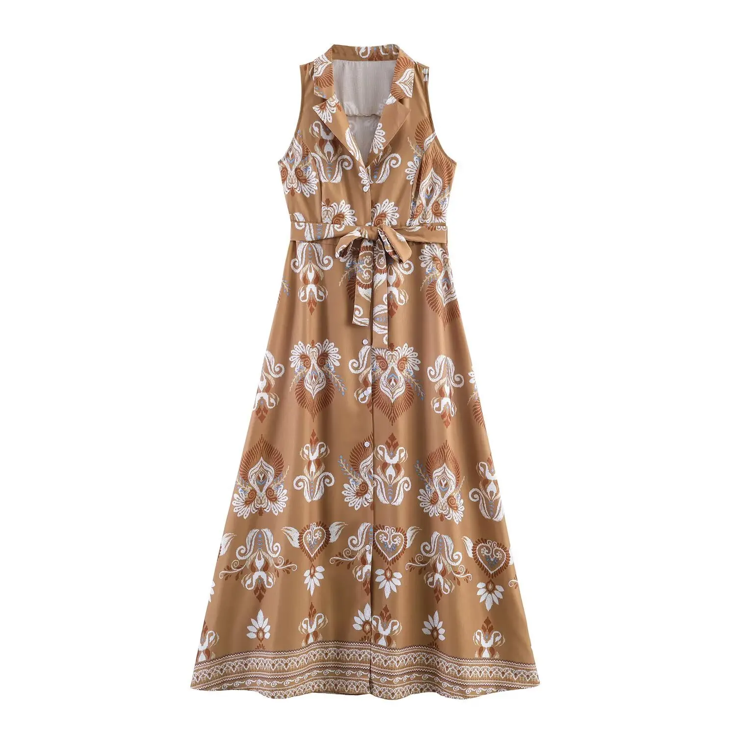 Withered European And American Spring New Style Fashionable Collar Sleeveless Fragmented Flower Waist Mid Length Dress For Women