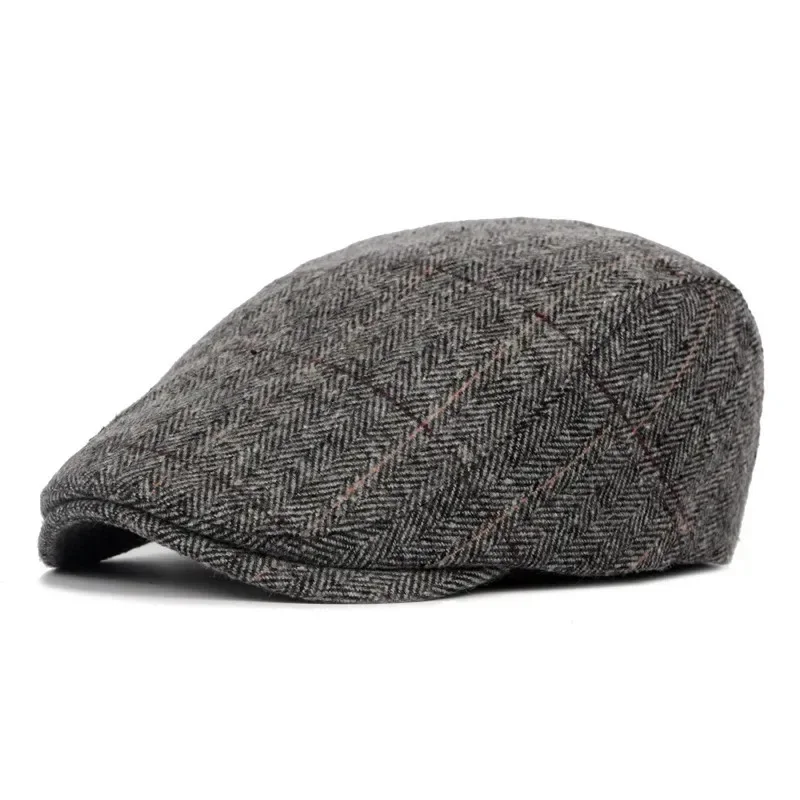 Herren Mode Baskenmützen Hochwertige Herbst-Winter Woll-Fischgrätmuster Flache Mütze Klassischer Künstler-Malermützen-Stil Männliche Gorras – Detail 20
