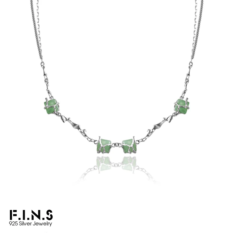 

F.I.N.S New Chinese Style Gem Necklace S925 Sterling Silver Bamboo Series Green Aventurine Jade Irregular Clavicle Chain Jewelry