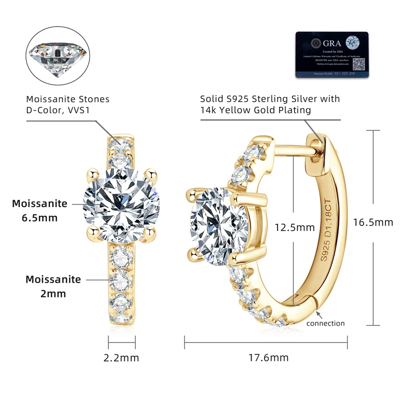 럭셔리 2.36CTW. 여성용 D 컬러 모이사나이트 후프 허기 귀걸이, 인증서 선물 포함, 진짜 925 실버 웨딩 파티 쥬얼리