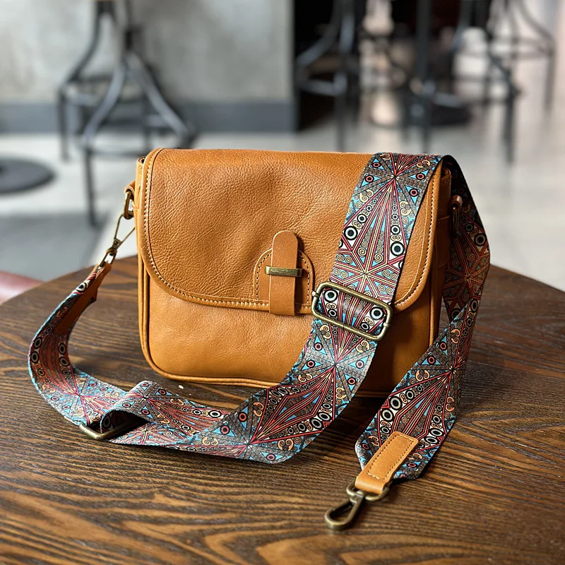 2023 Retro Fashion Vegetable Tanned Cowhide Messenger Ribbon Versatile Leather Women's Bag Shoulder Crossbody Small Square