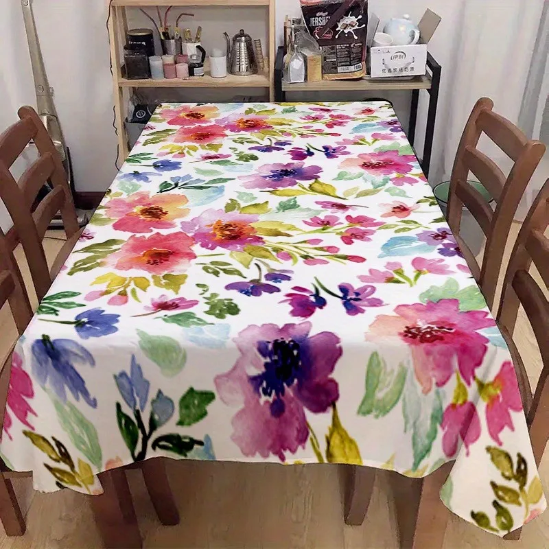 1pc Elegant Floral Polyester Tablecloth | Vibrant Painting Design, Rectangular Dining Table Cover, Machine Washable, Ideal for Picnics, Camping, Weddings, Birthday Parties, and Home Decor, Durable Fabric, Polyester Material