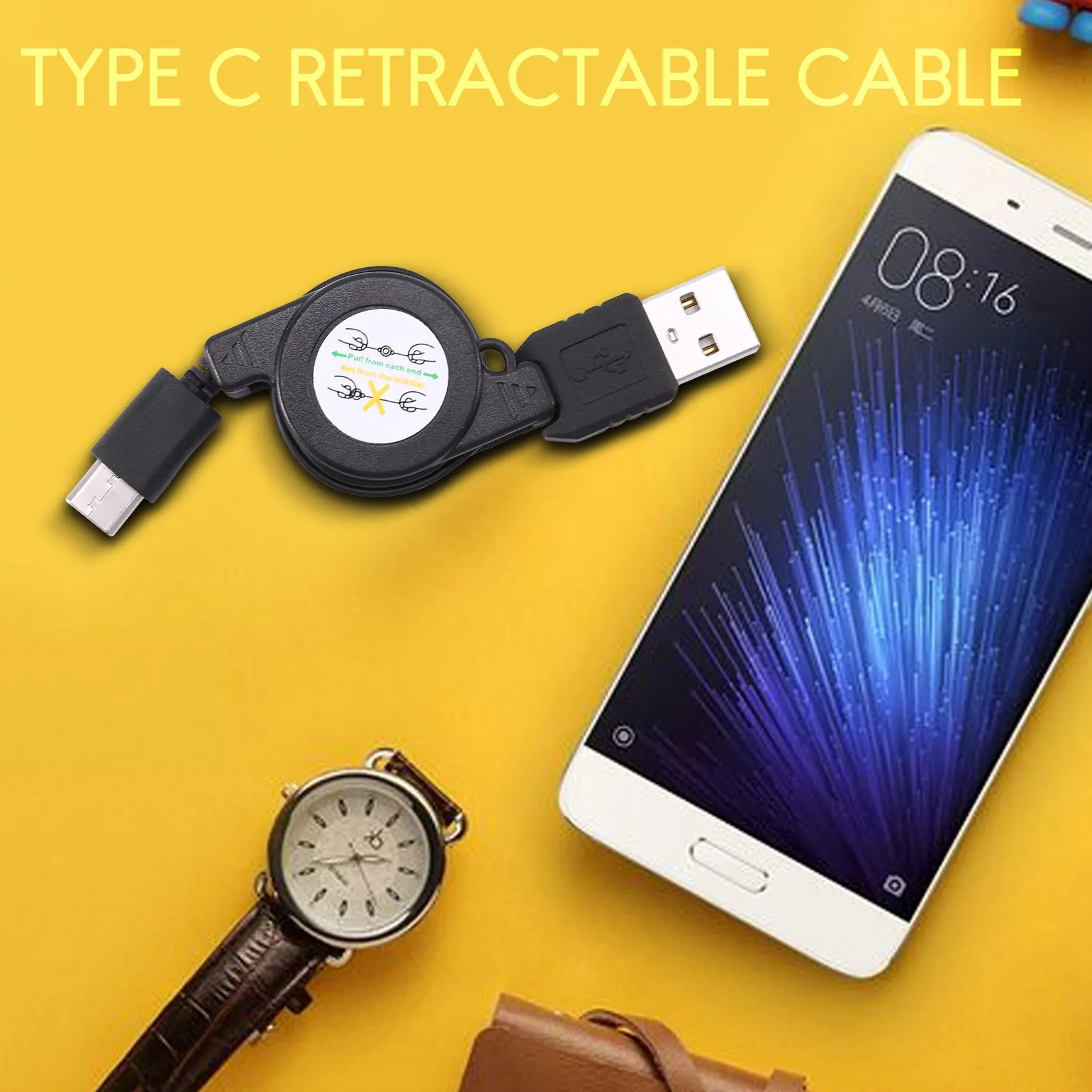 USB Type C USB 3.1 Retractable Cable Charger Charging Type-C USB-C Cable Black