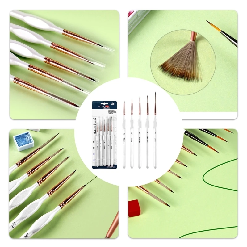 Pack of 5 Plastic Handle Fine Tip Art Brushes For Detailed Painting Nylon Liner Brushes For Ceramics Art H8WD