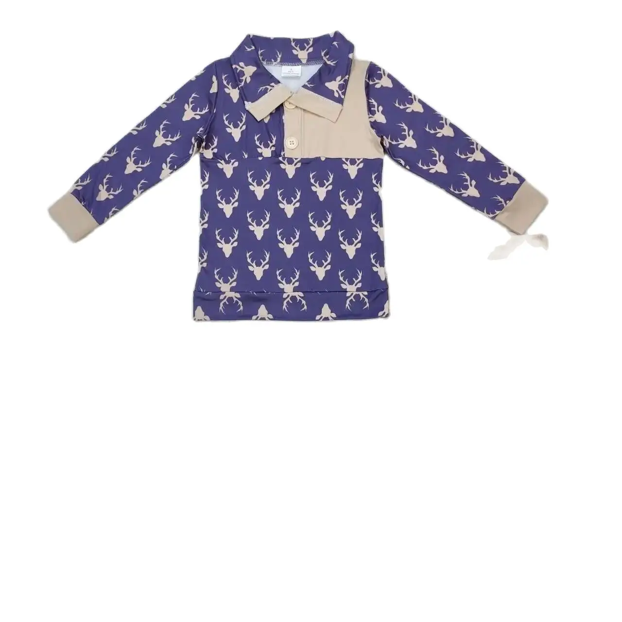 BLP0494  Kids Boys Autumn Outfit  Sets Long Sleeves Top Antler Navy Blue Buttons Print With Trousers Children Clothes Rts No Moq