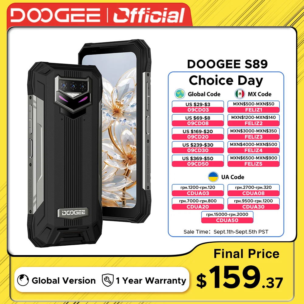 

DOOGEE S89 Series Rugged Phone 6.3" 48/64MP Camera 8+128GB/256GB 33W/65W Fast Charging 12000mAh Android 12 Phone