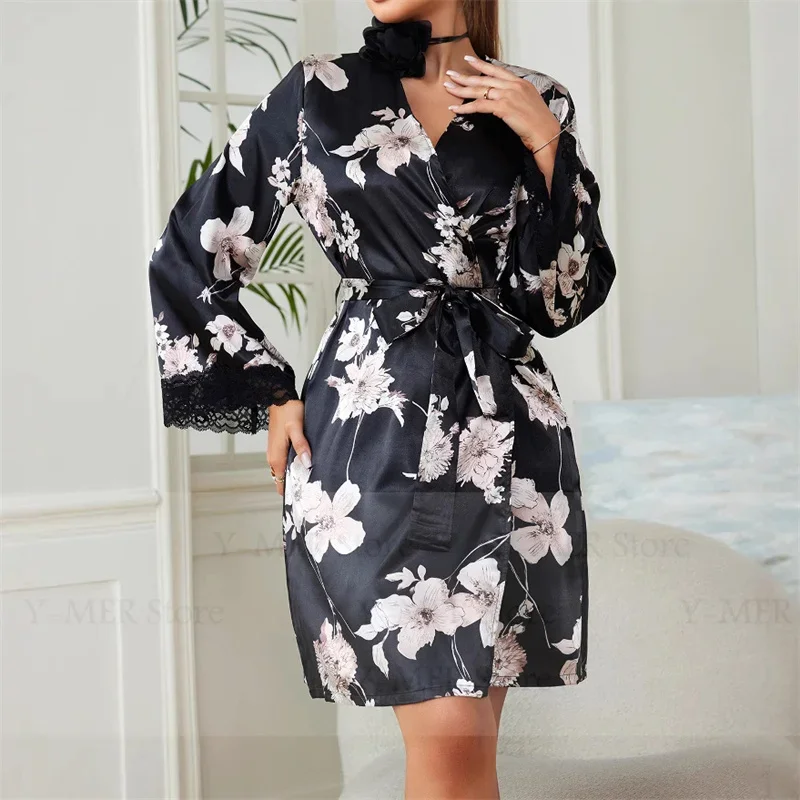 Женский халат из ледяного шелка с кружевной отделкой, атласное кимоно с цветочным принтом, короткая одежда для сна, ночная рубашка, лето-осень, повседневное нижнее белье, пижамы