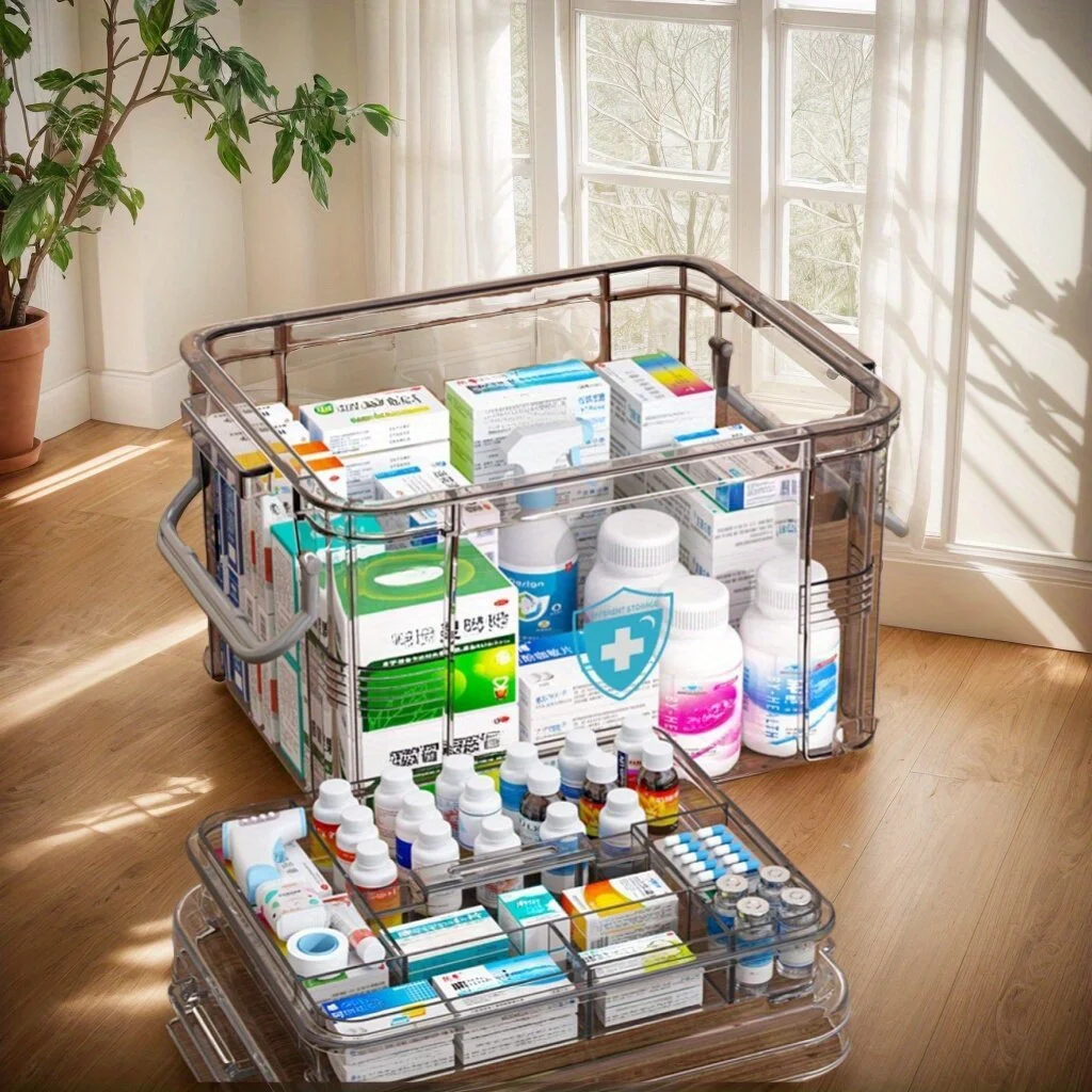 Klare Medikamenten-Organizer-Aufbewahrungsbox mit Tablett, verdickte Medikamentenbehältertruhe, Mehrzweck-Medizinkoffer mit Etiketten – Detail 2