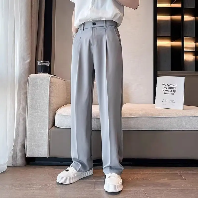 

Korean Autumn Business Banquet Wide Leg Suit Pants Men Clothing Loose Straight Solid Color High Waist Breathable Trousers JJ417