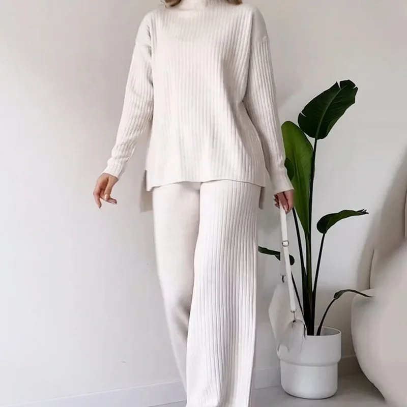 Women Knitted Two-piece Set Casual Loose Women\'s Home Suit With High Collar Top Wide Leg Trousers Knitting 2 Piece Outfit Winter