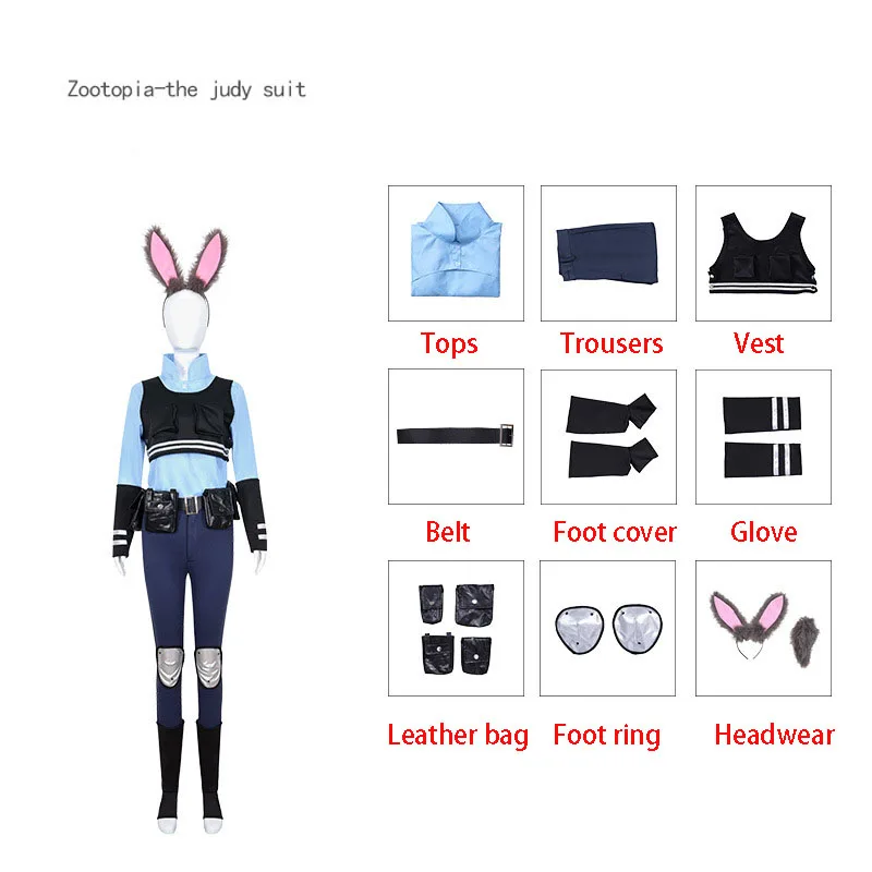 Anime Zootopia Judy Bunny Costume Cosplay Headband Dress Halloween Party Clothes Disguise Cartoon Zoo Roleplay Fantasia Outf