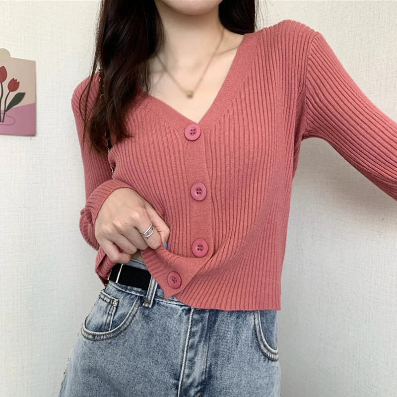 Y2K Knitwear V-neck top Single Breasted Women's top Leisure time Short Sweater Women's Slim Fit Cardigan Autumn Knitted Soft 