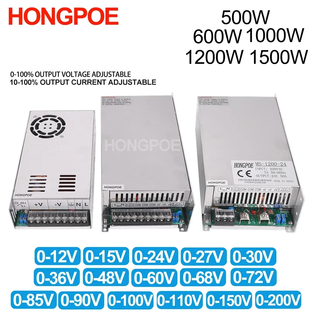 

Adjustable 500W 600W 1000W 1500W Power Supply 0-12V 15V 24V 36V 48V 60V 72V 85V 90V 110V 150V 200V 110/220V Ac To Dc Smps