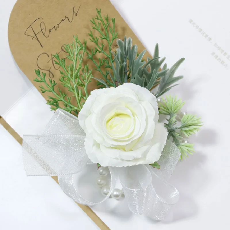 Bouton niere und Handgelenk Corsag Hochzeit liefert Bankett Gäste simuliert Blumen Bräutigam Braut weiße Rose Serie 456