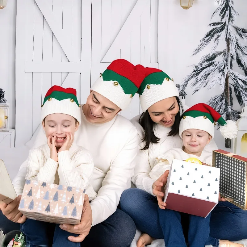 Christmas Knitted Wool Hat For Mother And Kids Red Color-Block Design, With Bells, Festive Christmas Hat For Winter