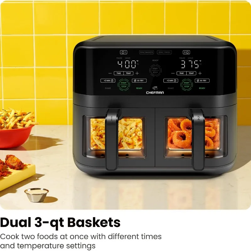 

2 Independent 3Qt Nonstick Baskets Air Fryer Oven with Easy View Windows,Sync Finish,Hi-Fry,Auto Shutoff,Dishwasher Safe.