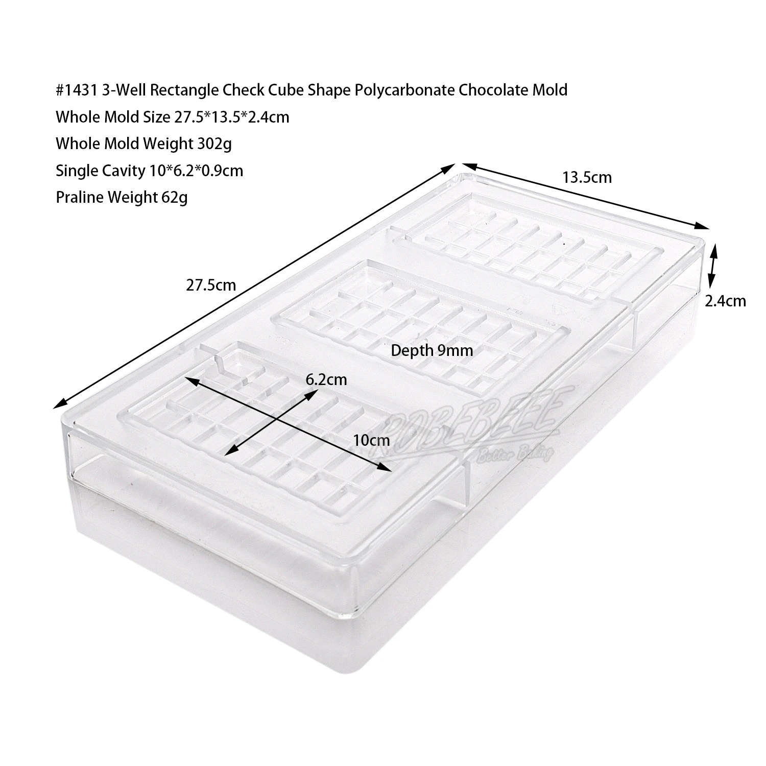 3-Well Rectangle Check Cube Shape Polycarbonate Chocolate Mold Candy Making Ice Cube Molds DIY Baking Gadgets