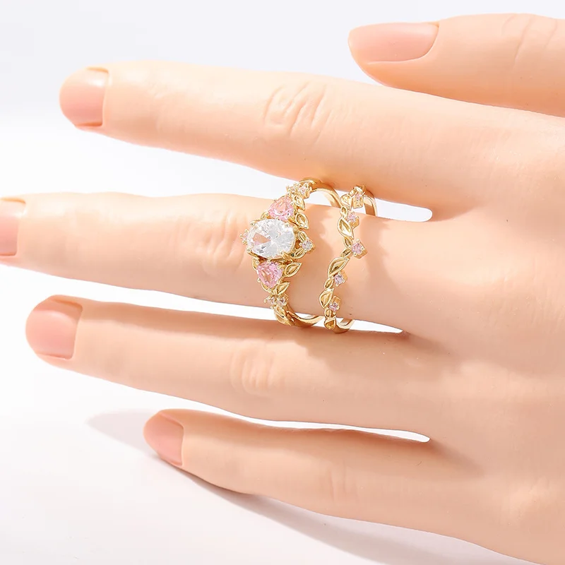 2 Pcs/set Retro Elegant Pink Synthetic Zircon Ring, Ladies' Engagement Proposal Gift, Jewelry view 2