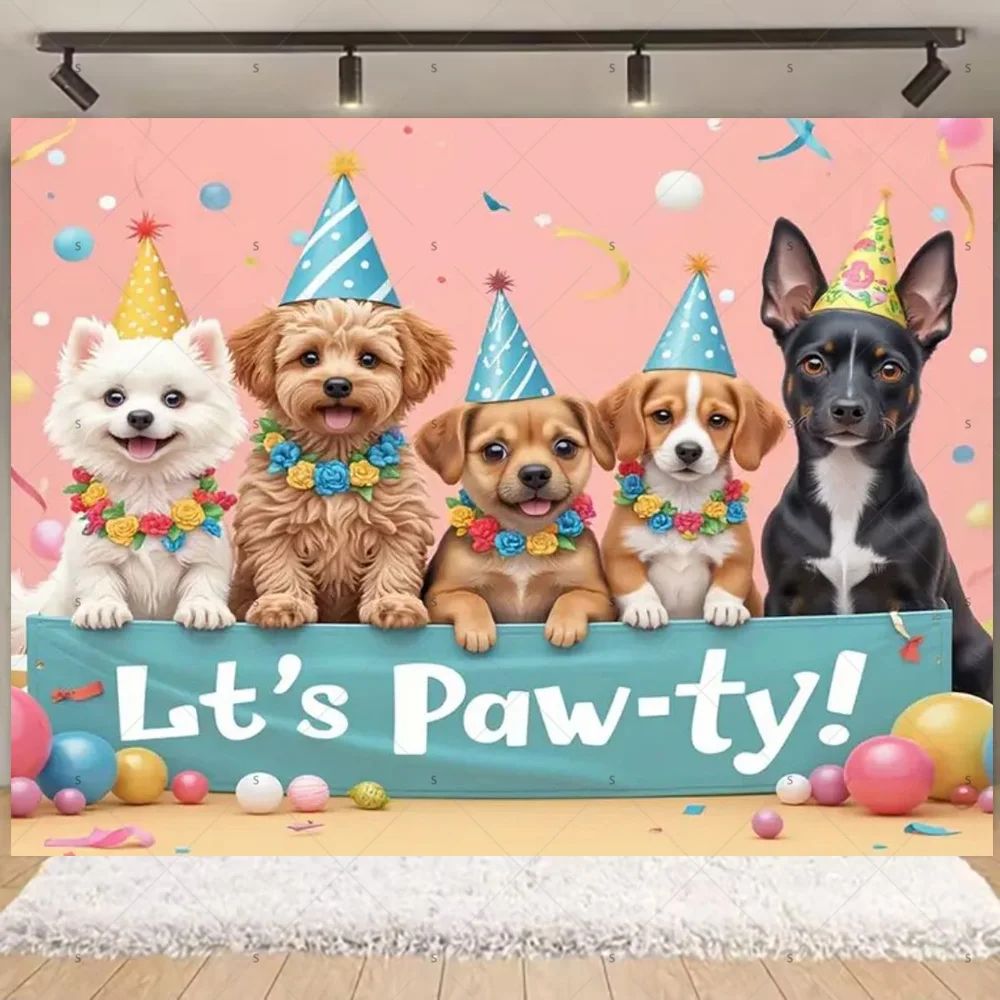 Cartoon Cat Dog Theme Kids Birthday Cute Pet Party Decoration Baby Shower Colorfull Balloon Background Banner Photography Props view 2