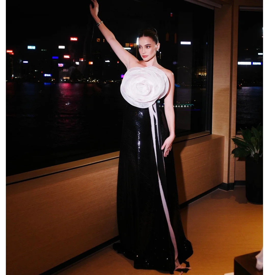 

Fashionable Black Mermaid Evening Dresses Strapless Flower Prom Gowns for Women Floor Length Backless Robes de Soriee Customized