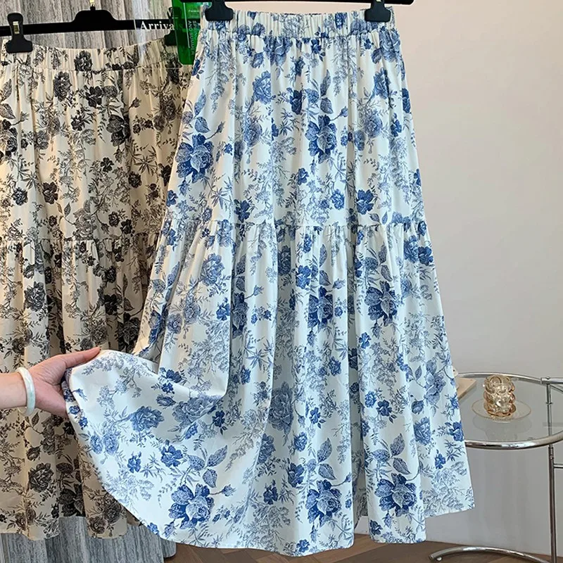 

Двухслойная винтажная юбка-миди с цветочным принтом и высокой талией, юбка трапециевидной формы, весна-лето, нежная женская юбка из смеси хлопка