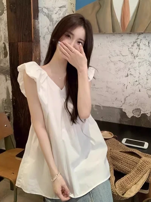 

Laid-back Style V-neck Sleeveless Vest Women Summer Mid-length Backless Doll Shirt Fairy Wings Top French Style Loose Fit