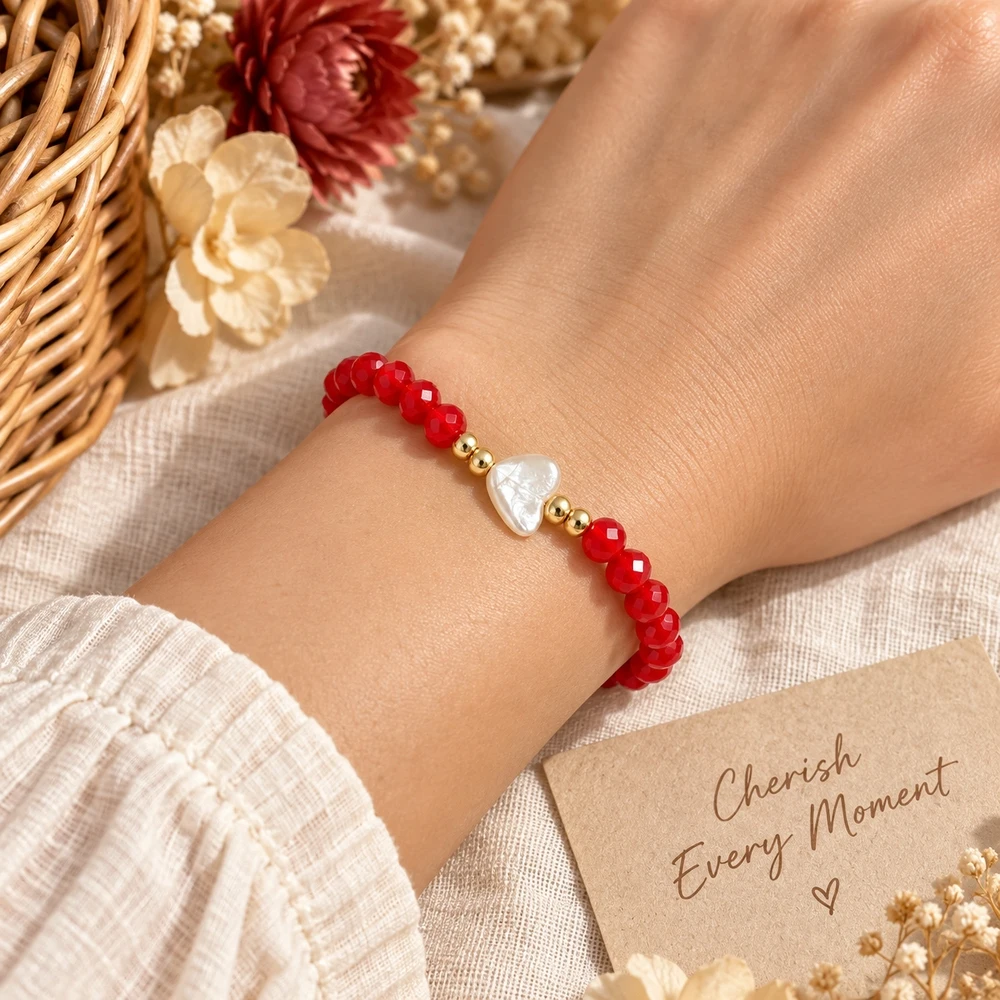 1pc Women's Red Crystal Beaded Strand Bracelet with White Heart Charm Copper Beads Cute Romantic Pinky Promise