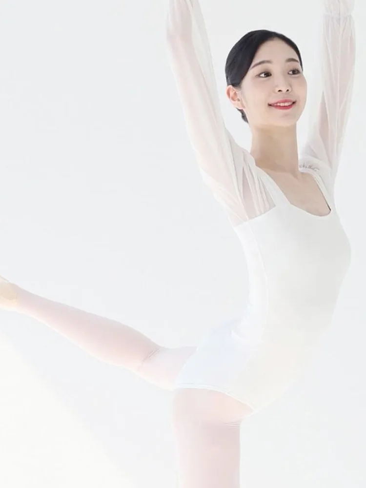 Mesh Patchwork Square Neck Slim Romper with Lantern Sleeves, Ballet Dance Bodysuit for Women, Stage Performance