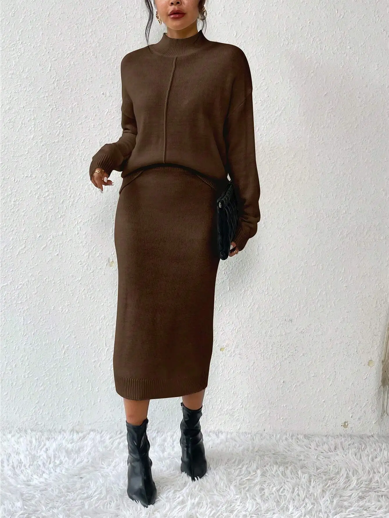 Women's Solid Color Ribbed Knit 2-Piece Set with Mock Neck Top and Midi Skirt