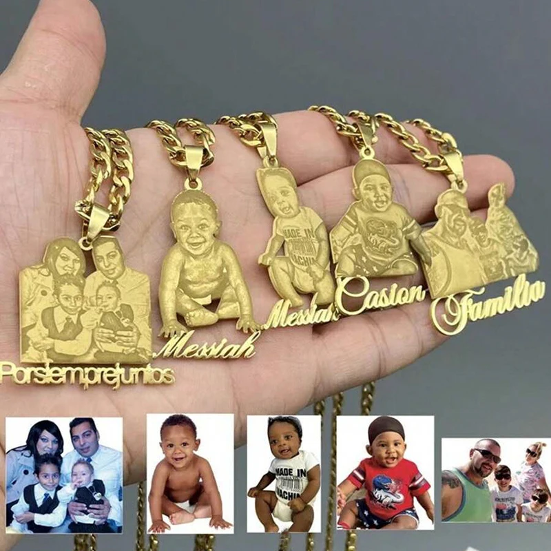 Customized Engraved Photo Necklace Stainless Steel Gold Adjustable Cuban Chain Personalized Pendant With Text Customize Gift