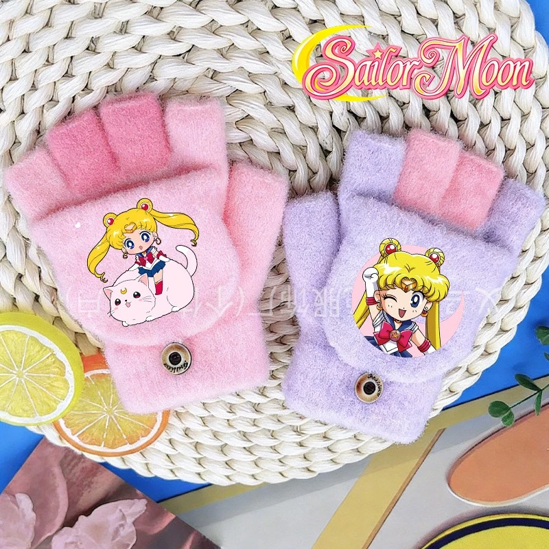 

Sailor Moon Girl Cute Gloves 4-13 Years Old Cartoon Half-finger Flip Gloves Kawaii Baby Winter Keep Warm Glove Kid Xmas Gift New