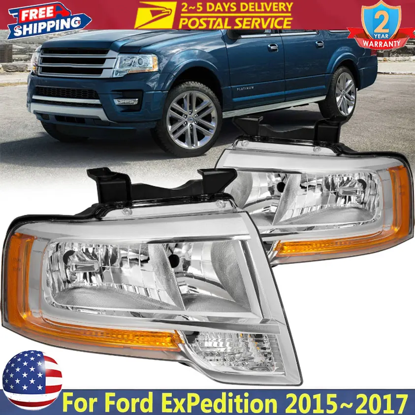

Car LED Head Light For Ford Expedition 2015 2016 2017 Chrome Headlights Headlamps Assembly Left Right W/Projector Bulbs Assembly