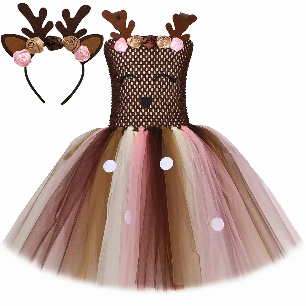 Flowers Deer Costume for Girls Christmas Tutu Dress Antlers Elk Reindeer Costume Baby Kids Halloween Xmas Party Dress Up Clothes