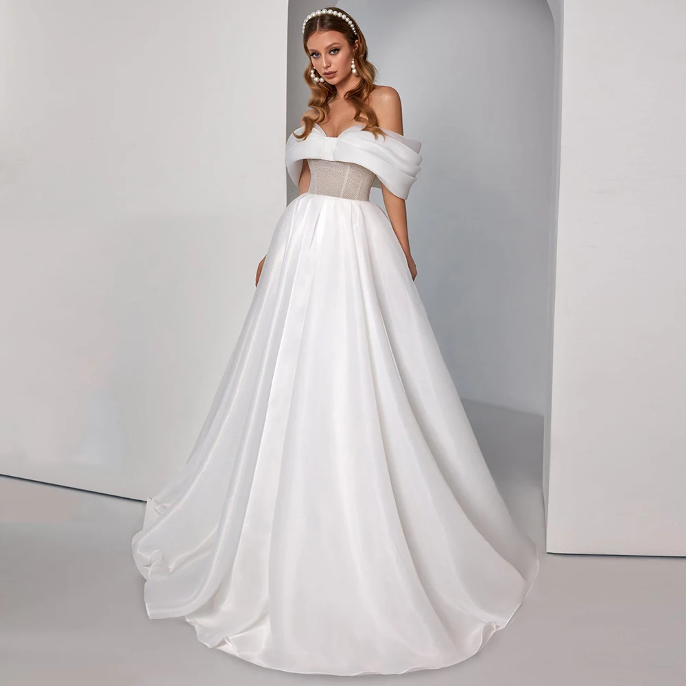 

Wedding Dress Off the Shoulder A-line Pleats Organza Backless Sweetheart Bridal Gowns Elegant Sweep train Vestido De Novia