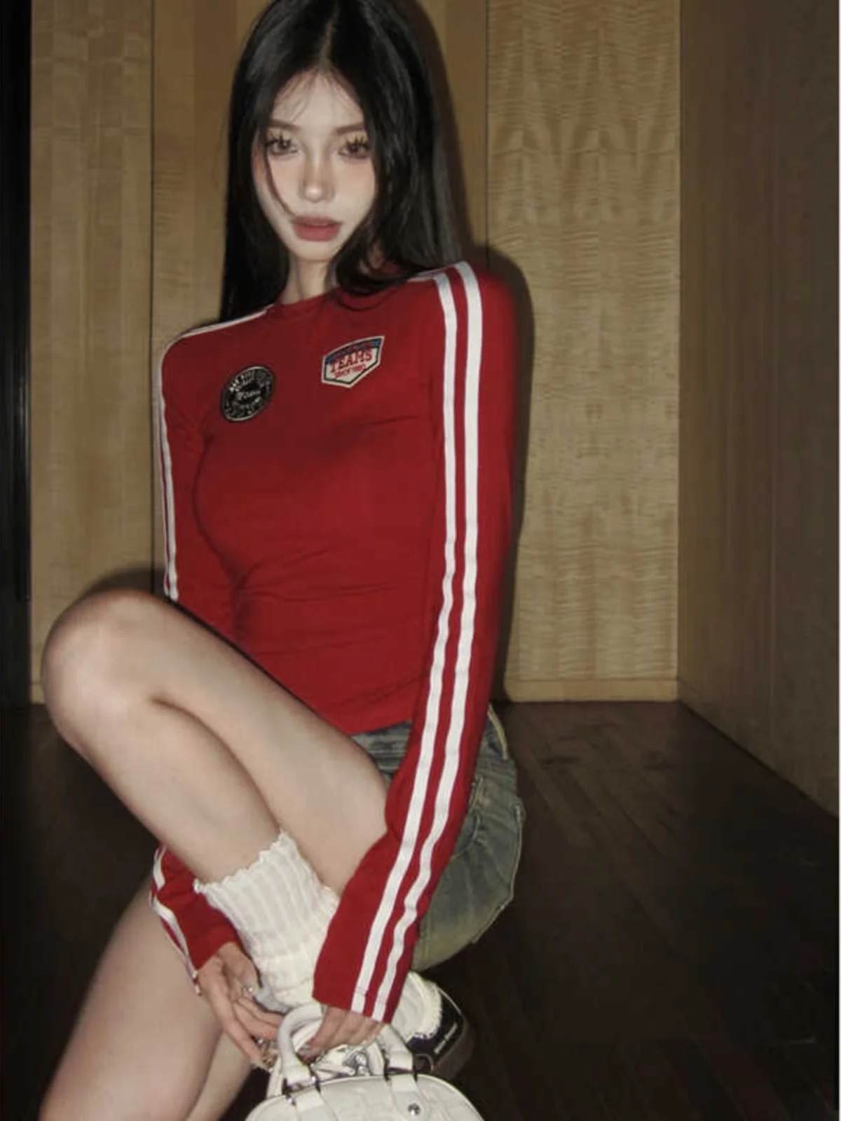 

American Sle Hot Girl Red Slim Fit T-irt Women's Long Sve Spring Casual Sports oulder Stripe Base irt Top